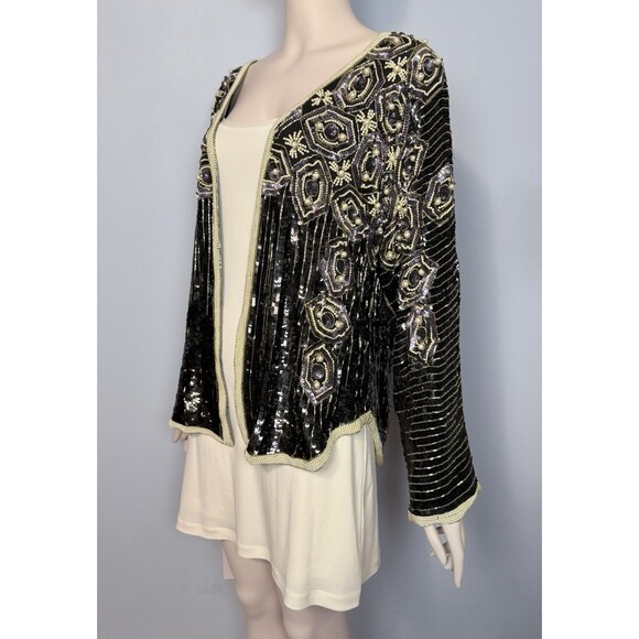 Vtg Oleg Cassini Sparkly Beaded Sequin Jacket Embellished Pearls Open Front Sz L - Picture 3 of 16
